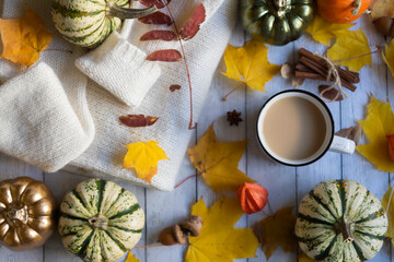 Fototapeta na wymiar Mug of hot coffee, colorful pumpkins and autumn leaves on a wooden background. Autumn still life.