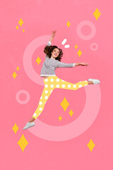 3d retro abstract creative artwork template collage of energetic positive young girl dancing jumping enjoy summer vacation feel free