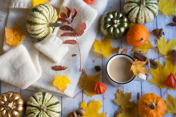 Mug of hot coffee, colorful pumpkins and autumn leaves on a wooden background. Autumn still life.