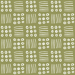 Seamless African mud cloth pattern with simple white hand drawn circles and lines tribal decoration on green background - 539509696