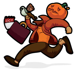 Scurrying Jack-O-Lantern with Coffee, Bread and Suitcase, Vector Illustration