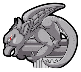 Haunted Gargoyle over Cornice with Red Glowing Eyes, Vector Illustration