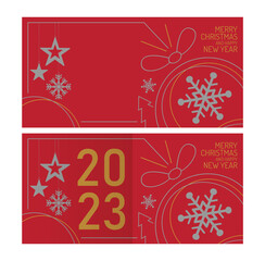 Fototapeta na wymiar Red and Black Christmas Background with Border made of Cutout Gold Foil Stars and Silver Snowflakes. Merry Christmas Modern Greeting Card Vector design