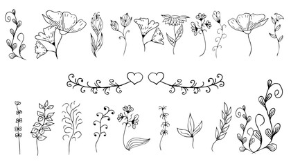 Set of decorative flowers, grass, leaves, contour hand drawing. Can be used for your decorations or tattoos