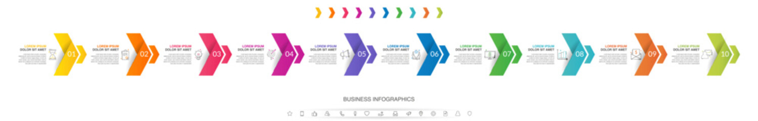 Vector timeline infographics with 10 steps, icons, flowchart, workflow and process infographic. Illustration template with arrows.