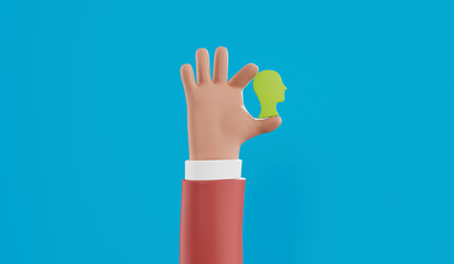 Cartoon hand holding a side profile of a human head. Mental health concept. 3D Rendering