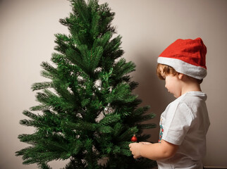 A little boy in a red hat is decorating a Christmas tree.