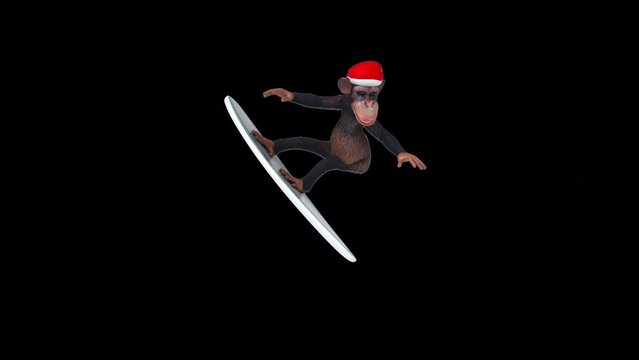 Fun 3D cartoon monkey santa claus surfing with alpha channel included
