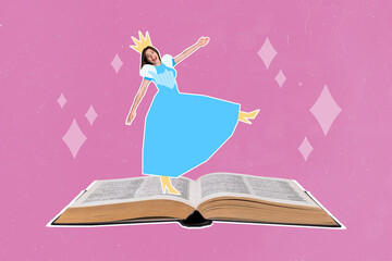 Composite collage picture image of funny young woman reading book imagination princess dress crown...