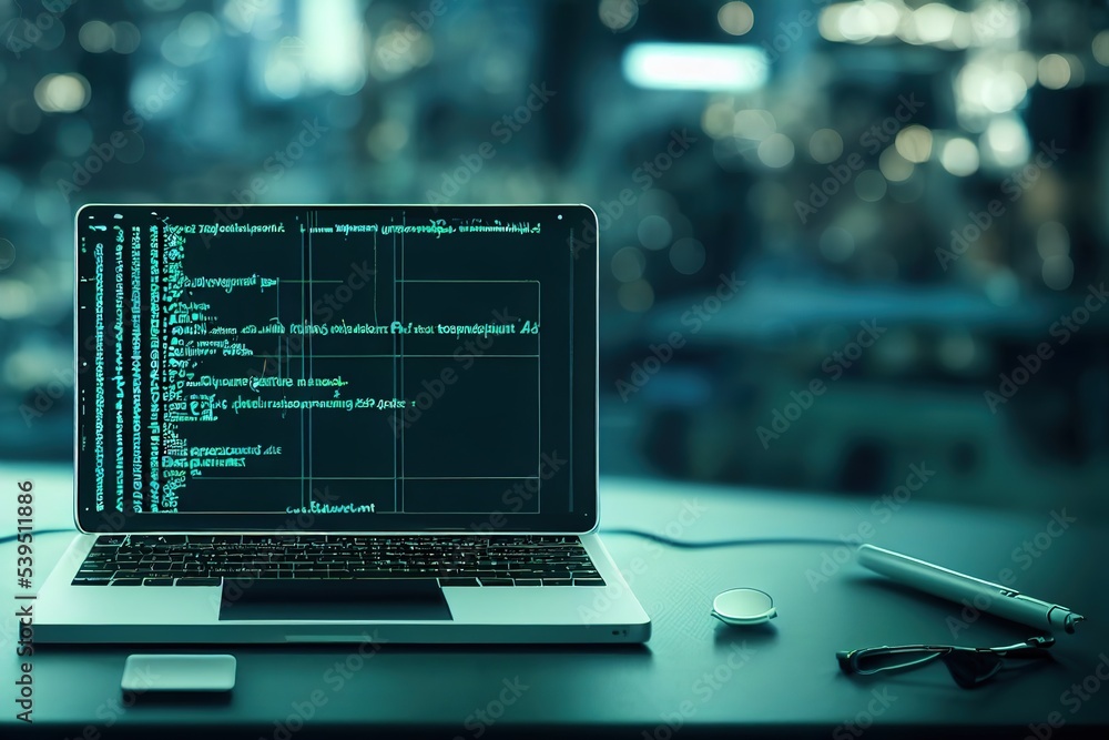 Poster Software development technology concept. Futuristic programming, coding, testing application. 3d illustration