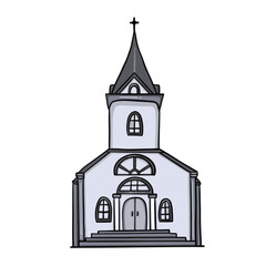Church vector illustration. Hand drawn doodle of a flat cartoon cathedral. Design for a architecture concept, wedding map, religion.