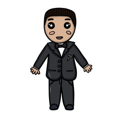 Doodle groom vector illustration. Hand drawn vector illustration of a brown hair groom in tuxedo suit. Design for a wedding cards, invitations, backgrounds, etc.