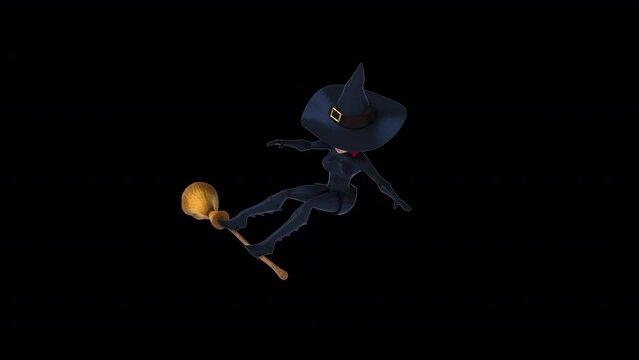 Fun 3D cartoon witch flying with alpha channel included