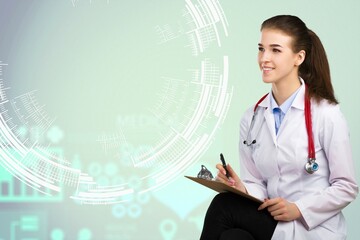 Young doctor with genetic medical info graphic