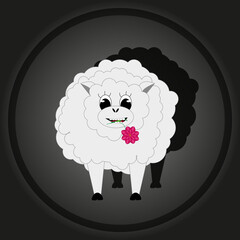 Cut out paper picture with sheep with beautiful pink flower in the mouth on style black background. Bacdrop with domestic animal. 