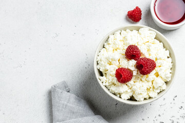 Breakfast bowl, cottage cheese with berries. Top view, flat lay, copy space.