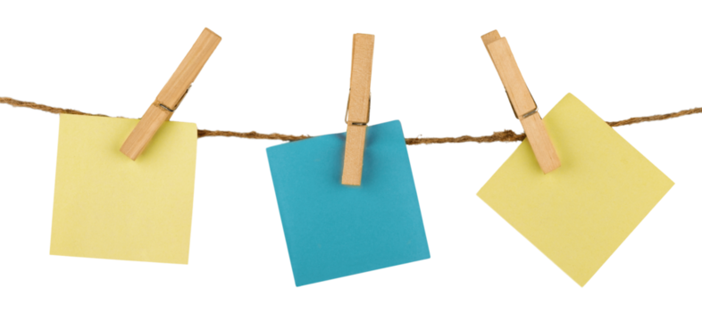 Three Sticky Notes Hanging on Twine Attached with Clothespins - Isolated