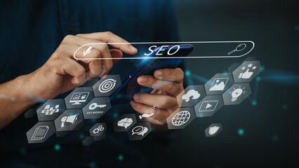 Person working with smartphone for manage search engine optimization : SEO with social media...