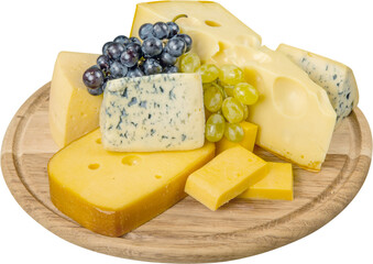 Various Kinds of Cheeses and Grape on the Wooden Platter - Isolated
