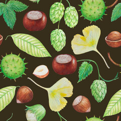 Seamless pattern with fall autumn elements, hazelnuts and chestnuts. Watercolor illustration.
