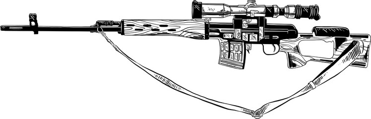 PNG engraved style illustration for posters, decoration and print. Hand drawn sketch of sniper rifle in black isolated on white background. Detailed vintage etching style drawing. - obrazy, fototapety, plakaty