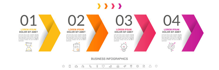 Vector timeline infographics with four steps, icons, flowchart, workflow and process infographic. Illustration template with arrows.