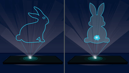 Two laser holographic projections of a rabbit.