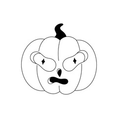 Scary pumpkin. Halloween spooky cartoon character isolated on white background. Black outline. Sticker, print on clothes, notebooks and phone cases. Vector illustration