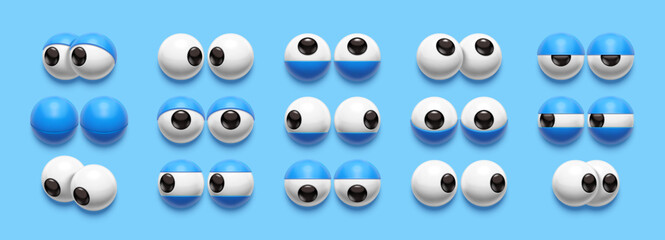 Simple 3D eyes. Cartoon eyeballs with eyelids, look forward and to sides. Facial expression graphic set - obrazy, fototapety, plakaty