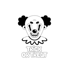 Fototapeta premium Creepy clown. Halloween spooky cartoon character isolated on white background. Trick or treat lettering. Black outline. Sticker, print on clothes, notebooks and phone cases. Vector illustration