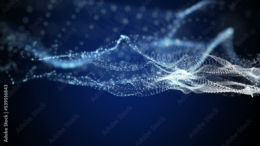 Poster futuristic video animation with particle wave object in slow motion, 4096x2304 loop 4k
