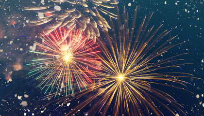 Festive fireworks during New Year celebrating, salute on the night sky and heavy snowfall, winter Christmas background