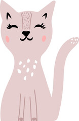 Cute pink hand drawn abstract cat, kids illustration for poster,wallpaper,baby shower invitation, greeting card, childish print for t-shirt, fabric design, nursery interior, kind kitten character