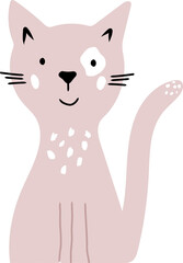Cute pink hand drawn abstract cat, kids illustration for poster,wallpaper,baby shower invitation, greeting card, childish print for t-shirt, fabric design, nursery interior, kind kitten character