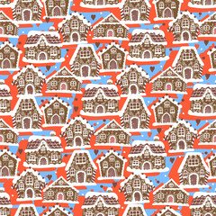 Seamless winter gingerbread pattern. Christmas snow houses on blue background. New year holiday gift wrapping paper. Kids and home textile. Book cover. Scrapbooking.