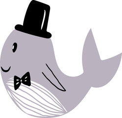 cute gentleman whale in hat,simple flat illustration,childish print for fashion,textile,interior design,wallpaper,decoration,clip art