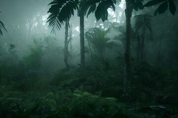 Morning Rain Forest with Foggy Weather Background Image