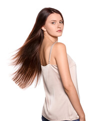 Fototapeta premium Portrait of beautiful young woman with healthy strong hair on white background