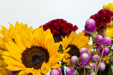 Bouquet of bright wild autumn flowers on white background