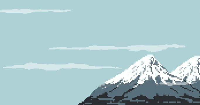 Pixel Mountains animation, with clouds. Pixel background video, old school style 8 bit. For video game and other projects. 