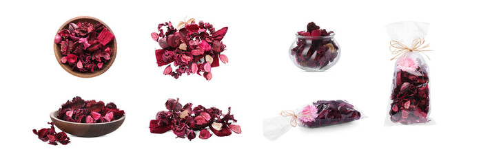 Set of scented sachets and bowls with potpourri on white background. Banner design