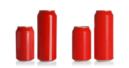 Set of aluminum drink cans, one with water drops on white background. Banner design