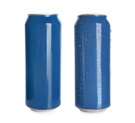Aluminum drink cans, one with water drops on white background