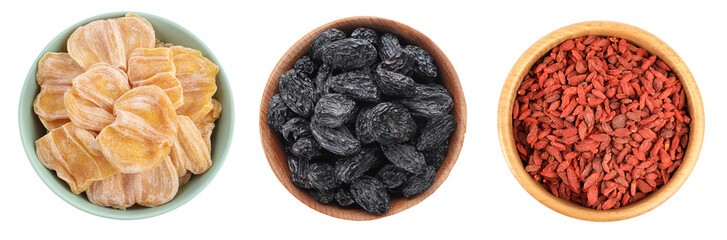 Set with different tasty dried fruits on white background, top view. Banner design