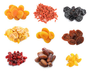 Set with different tasty dried fruits on white background