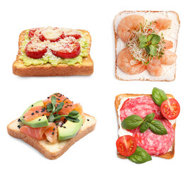 Set of different toasts on white background