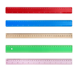 Set with different rulers with measuring length markings in centimeters on white background