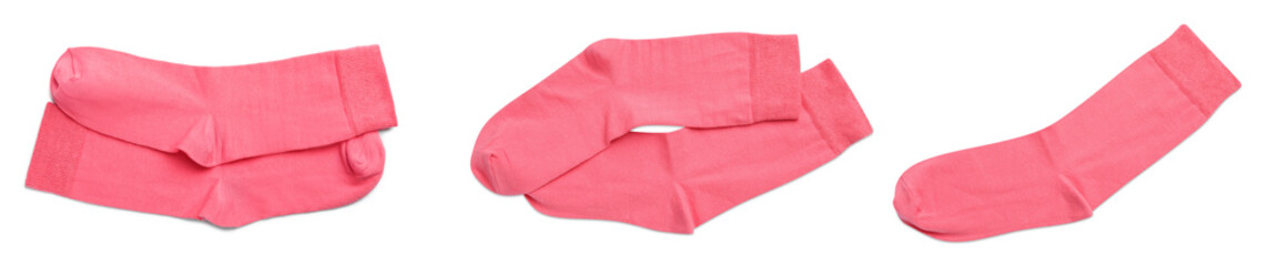 Set with pairs of pink socks on white background, top view. Banner design