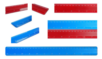 Set with different rulers with measuring length markings in centimeters on white background