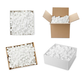 Set with cardboard boxes with styrofoam cubes on white background
